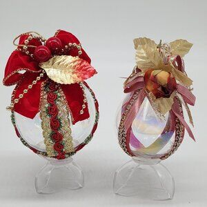 Handmade Glass Christmas Ornaments Red & Gold Ribbon Roses Berries Leaves